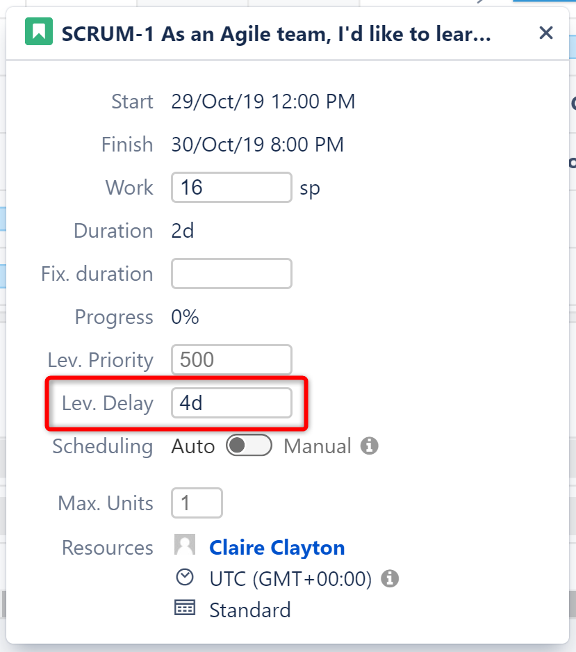 Setting leveling delay in the Task Details Panel