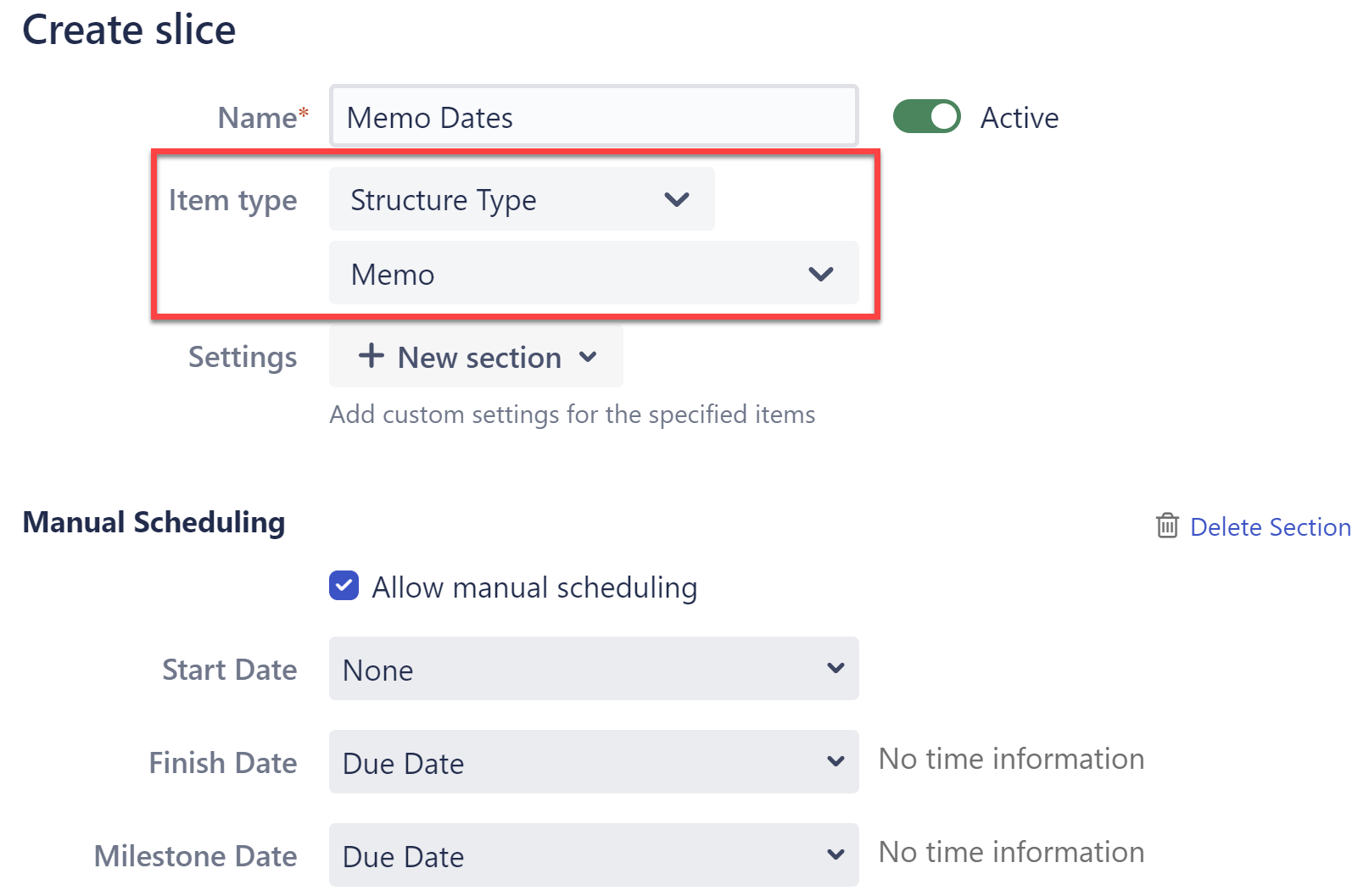 Gantt Slice configuration with Memo selected as the Item type