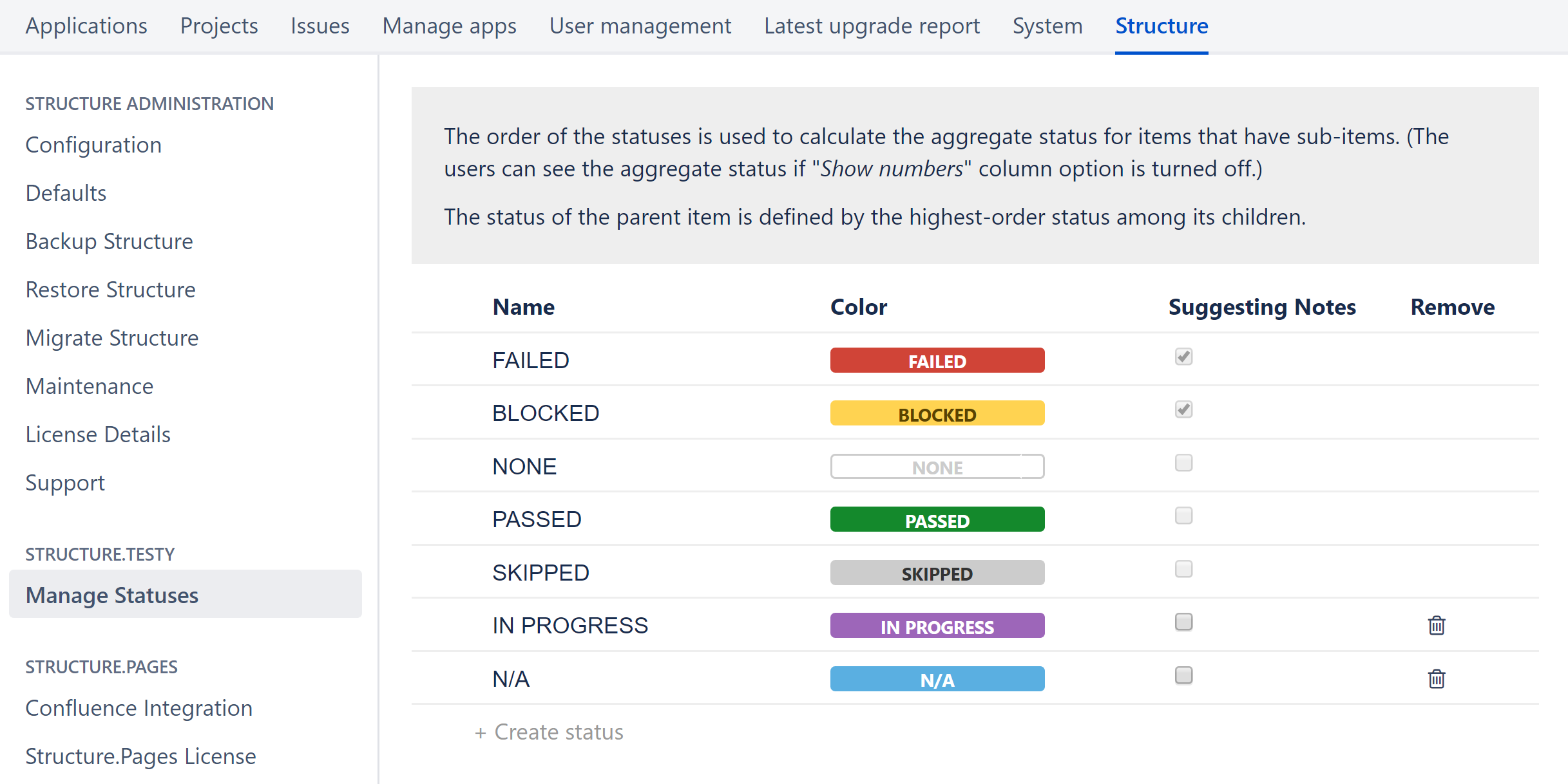 Manage Statuses page