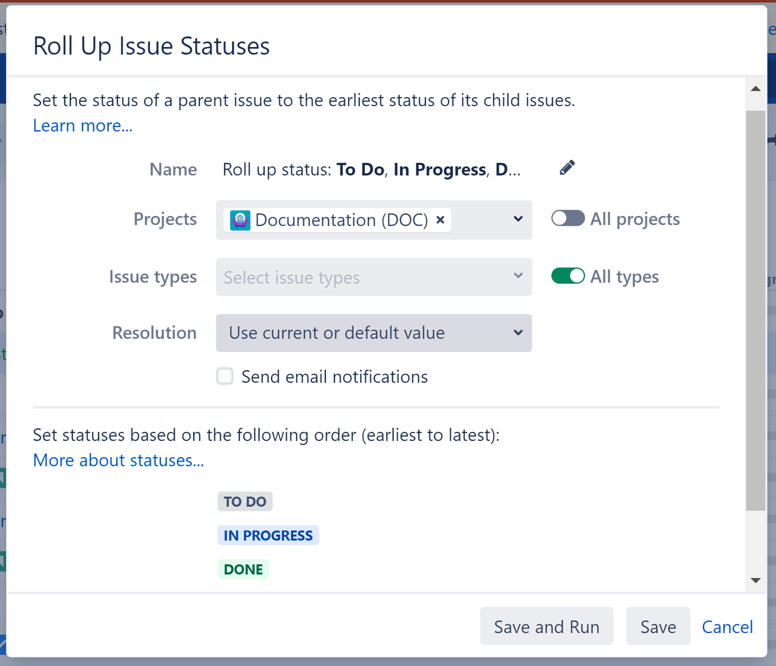 Sample configuration for Status Rollup Effector