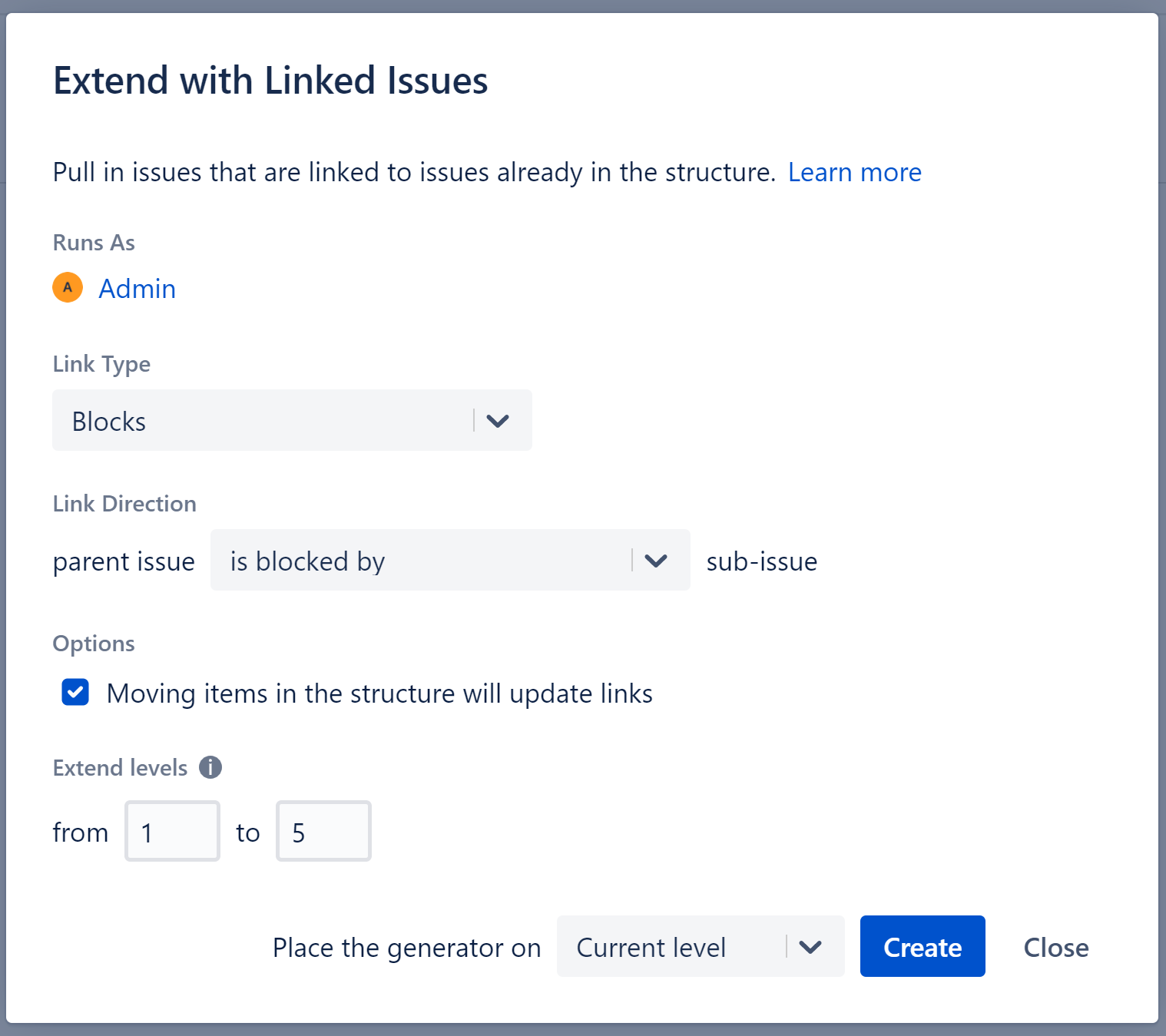 Linked issues extender settings dialogue