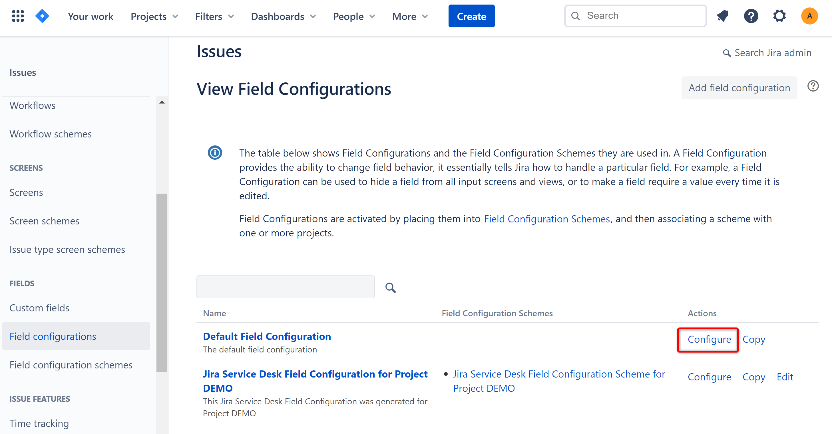 Field Configuration screen
