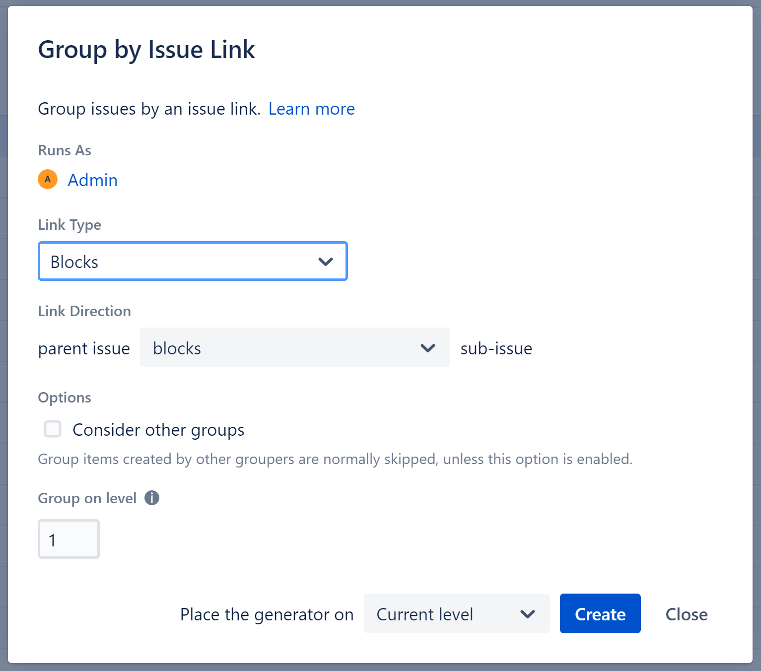 Group by Issue Links settings