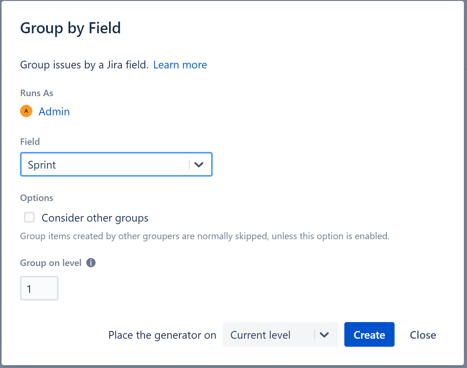 Field Grouper settings - Group by Sprint