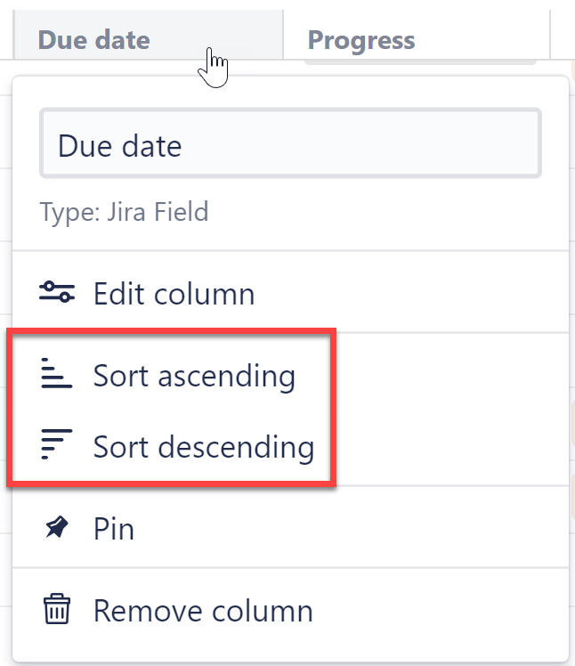Column dropdown menu with Sort options highlighted