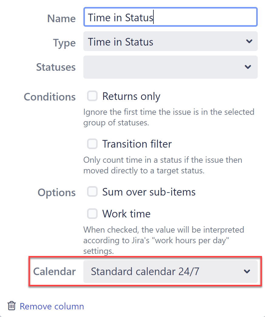 Calendar selection in the Time in Status column