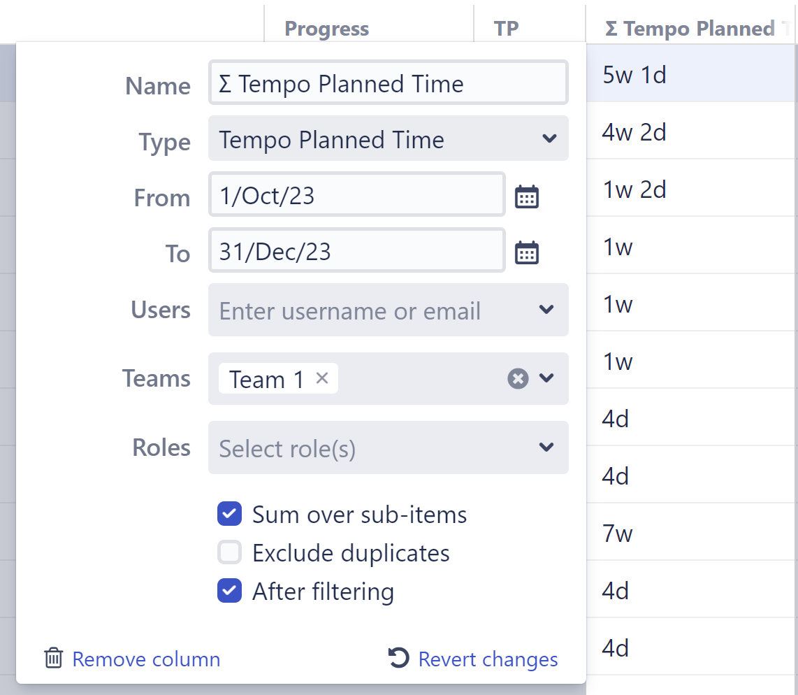 Tempo Planned Time column configuration screen