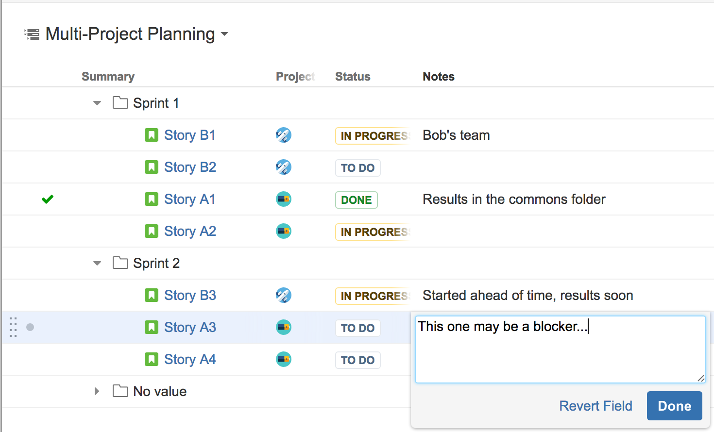 Multi-project planning, grouping by Sprint Name and using Notes column