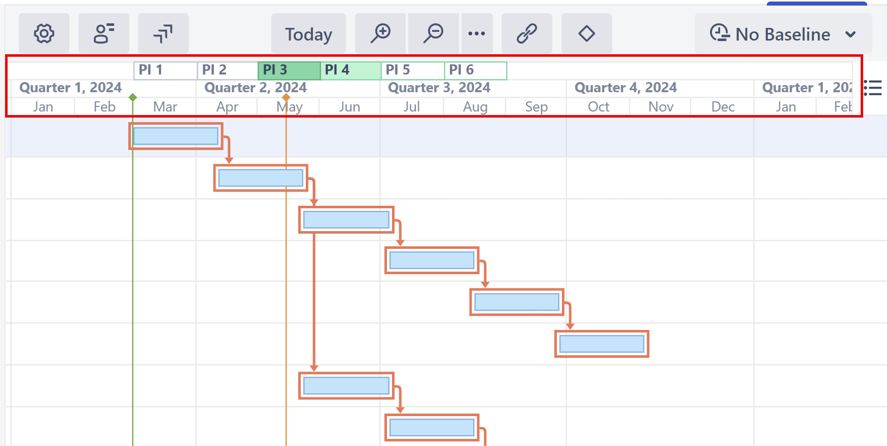 Timeline in SAFe view with a custom program increment header
