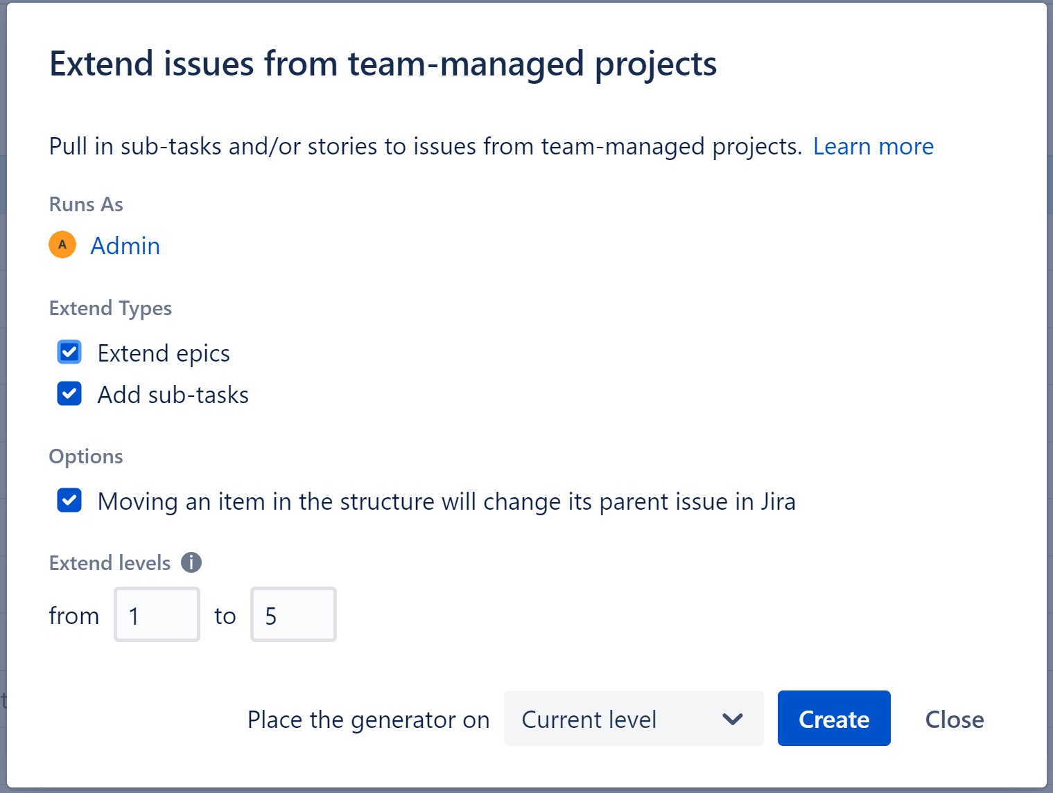 Team-managed Project Hierarchy Extender settings